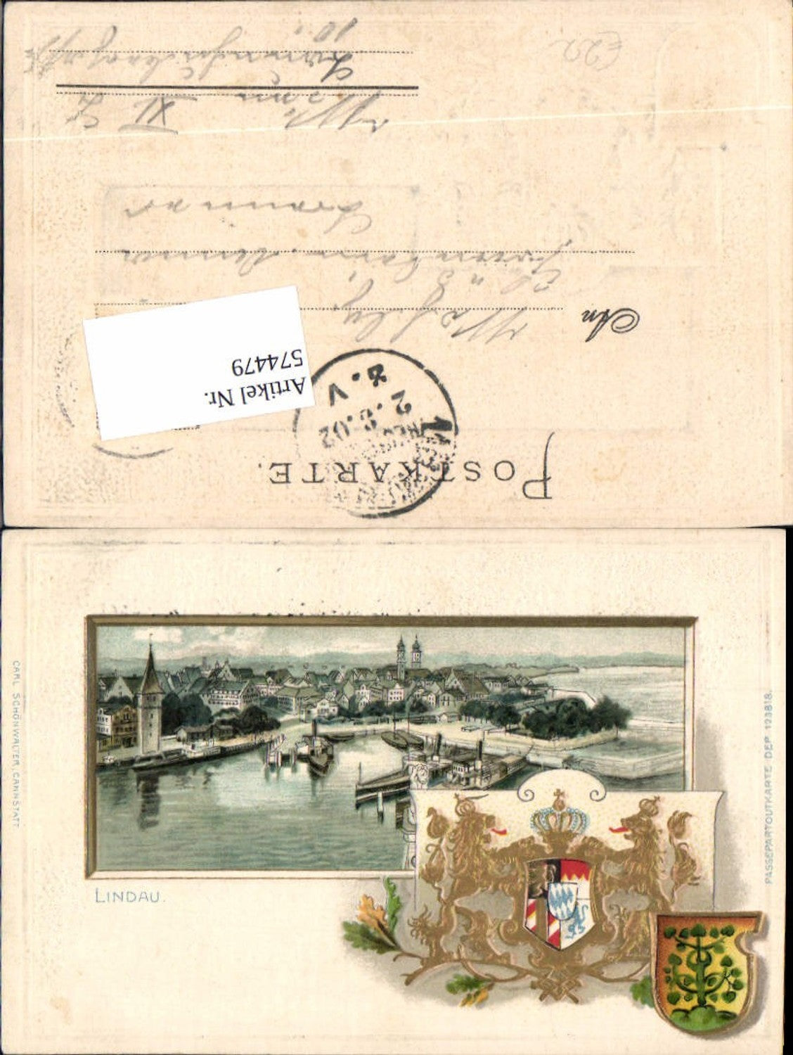 574479, Embossed passe-partout lithograph Lindau on Lake Constance coat of arms