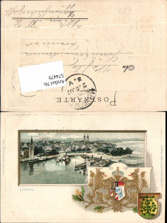 574479, Embossed passe-partout lithograph Lindau on Lake Constance coat of arms