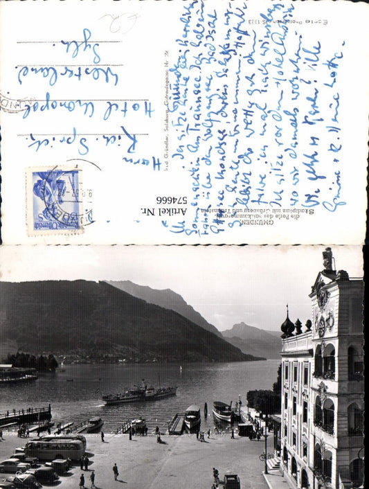 574666,Gmunden Stadtplatz m. Grünberg u. Traunstein Schiff Dampfer