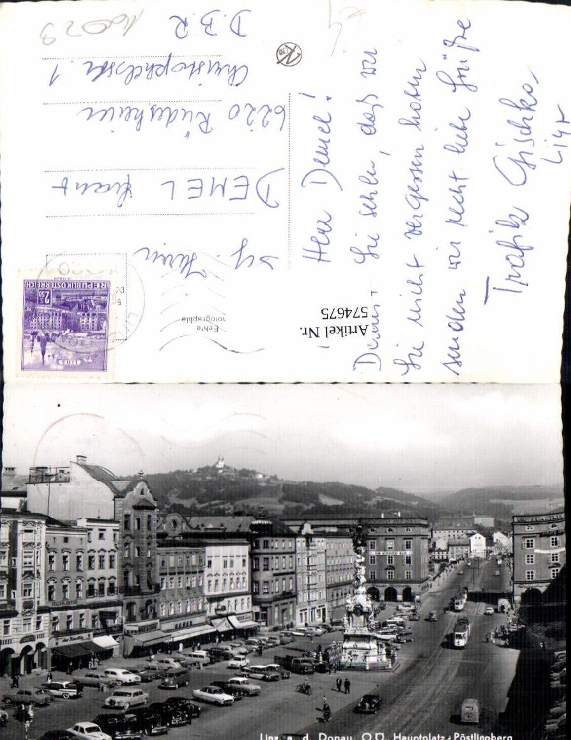 574675,Foto Ak Linz a. d. Donau Hauptplatz Blick Pöstlingberg Straßenbahn