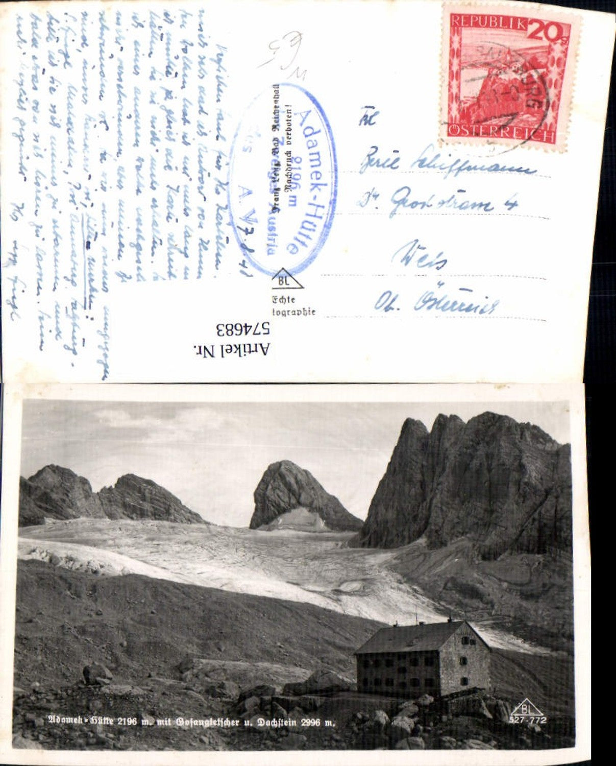 574683,Foto Ak Gosau Adamekhütte m. Gosaugletscher u. Dachstein