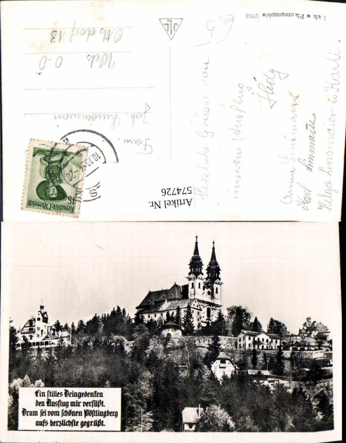 574726,Foto Ak Linz a. d. Donau Pöstlingberg Kirche Spruch Text