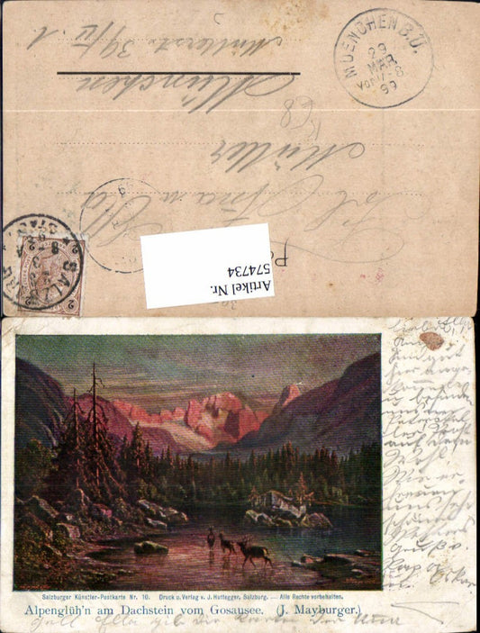 574734,Künstler Ak J. Mayburger Alpenglühn a. Dachstein v. Gosausee Gosau