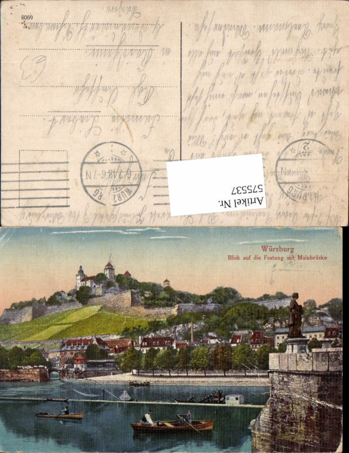575537, Würzburg View of the fortress with Main bridge, rowboat