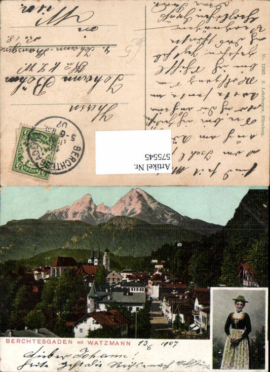 575545,Multi-image postcard Berchtesgaden with Watzmann 1907 Woman in traditional dress