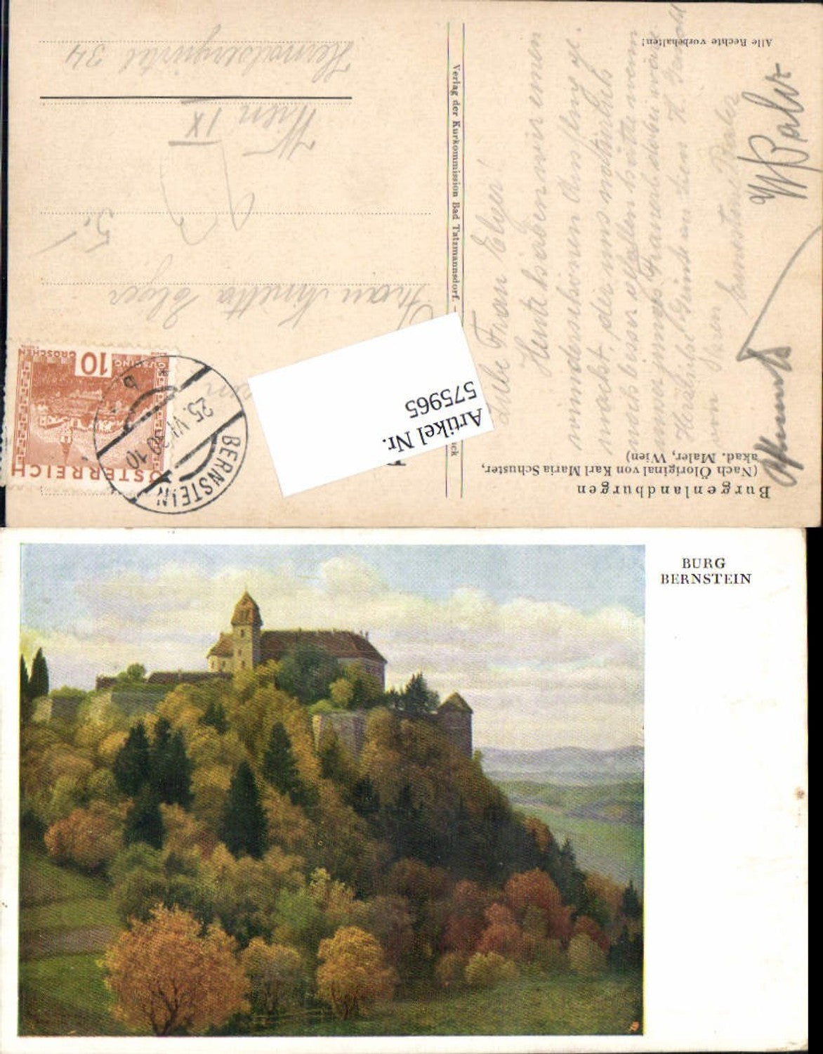 575965, Artist AK Karl Maria Schuster Bernstein Castle near Oberwart 