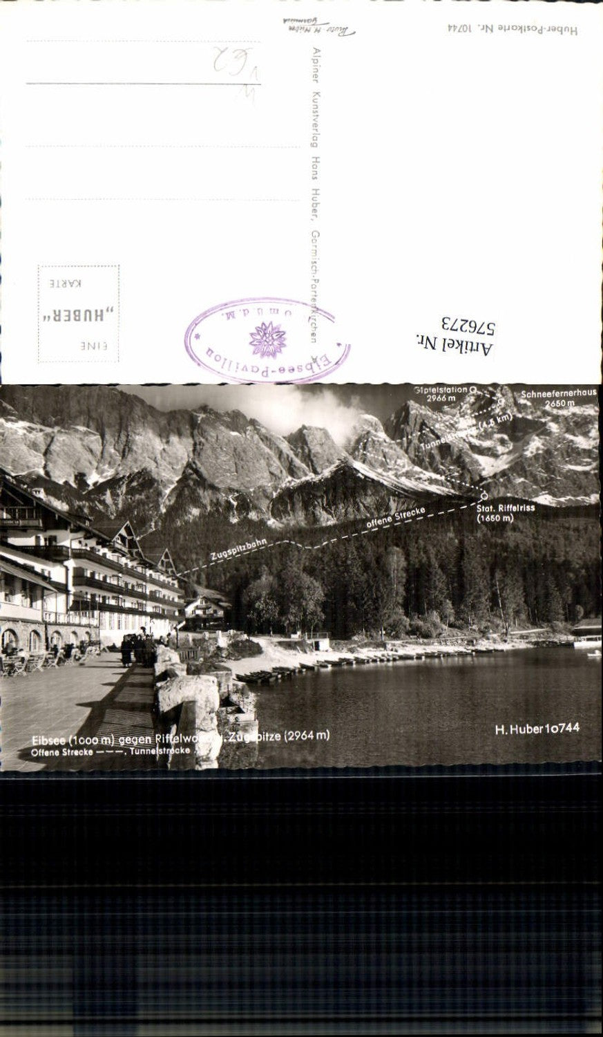 576273, Photo Ak Grainau Eibsee against Riffelwand and Zugspitze, location map pub Huber 10744