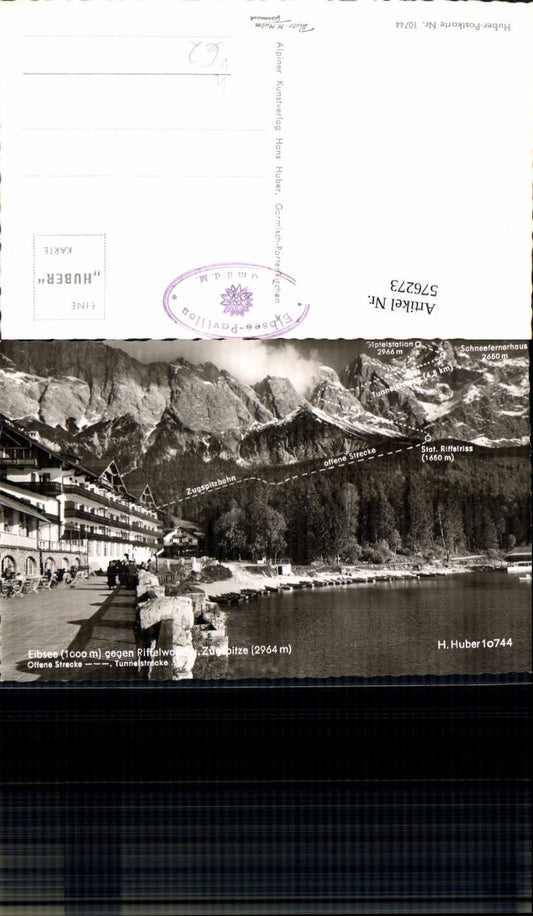 576273, Photo Ak Grainau Eibsee against Riffelwand and Zugspitze, location map pub Huber 10744