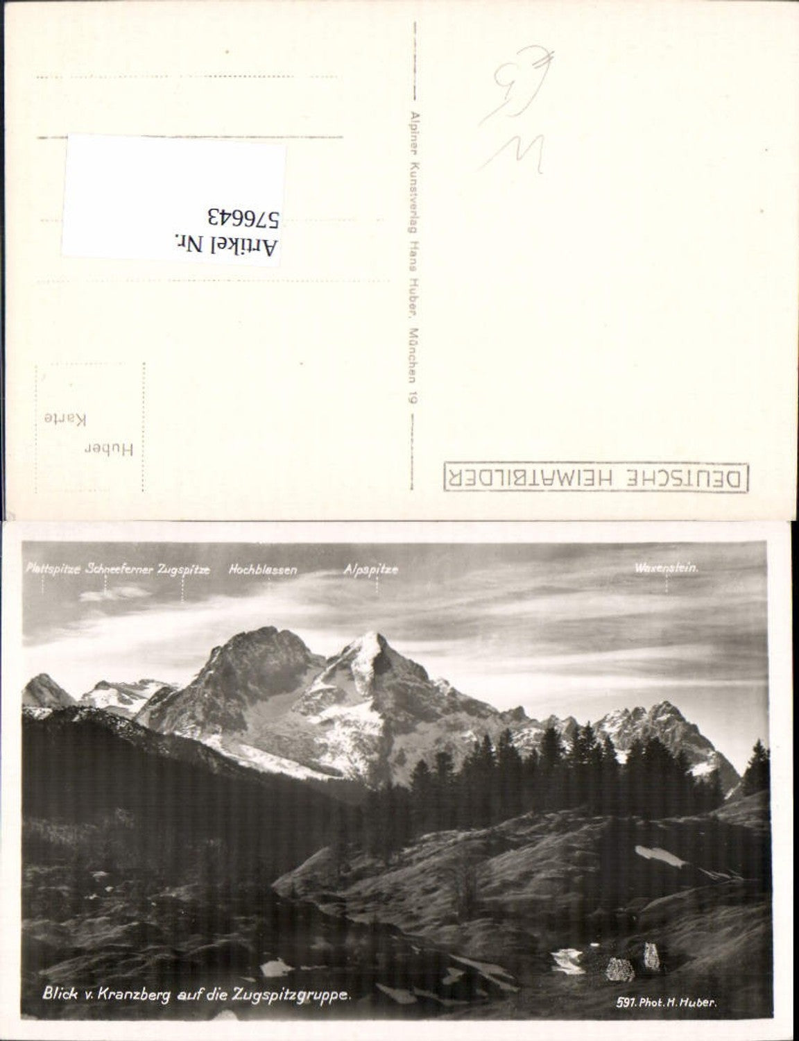 576643, Photo AK Mittenwald View from Kranzberg to the Zugspitze group pub Hans Huber 591