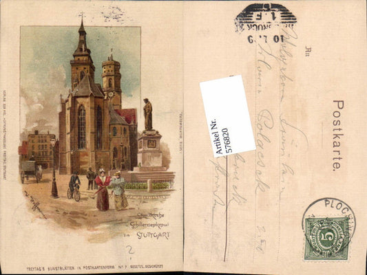 576820, Artist Lithograph W. Hoffmann Stuttgart City Church Schiller Monument