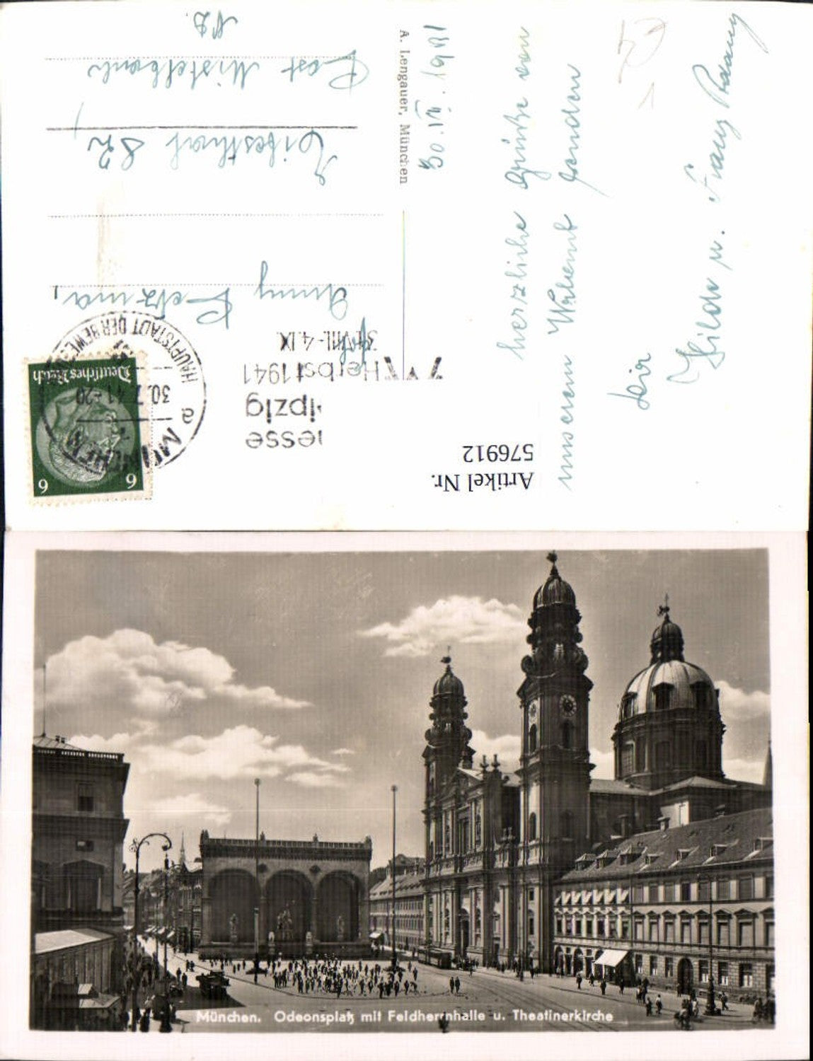 576912, Photo: Munich Odeonsplatz with Feldherrnhalle and Theatinerkirche, published by A. Lengauer