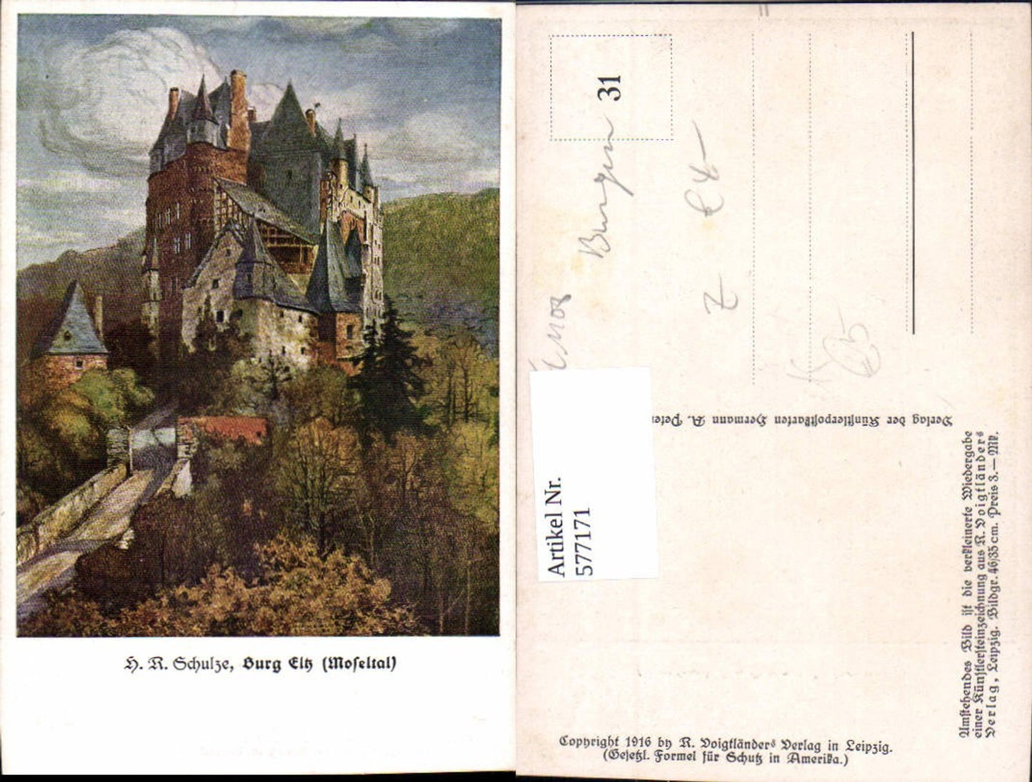 577171,Künstler Ak H. R. Schulze Burg Eltz Moseltal Wierschem