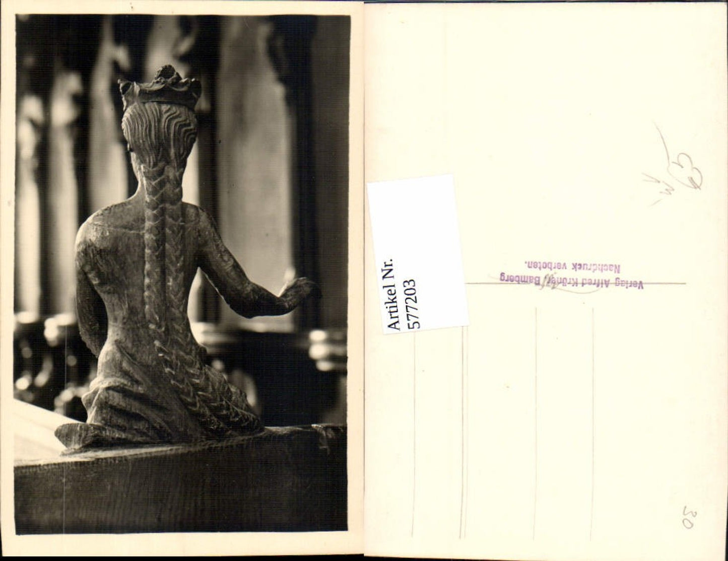 577203, Photo Ak Art Wood carved woman crown pub Alfred Kröner Bamberg
