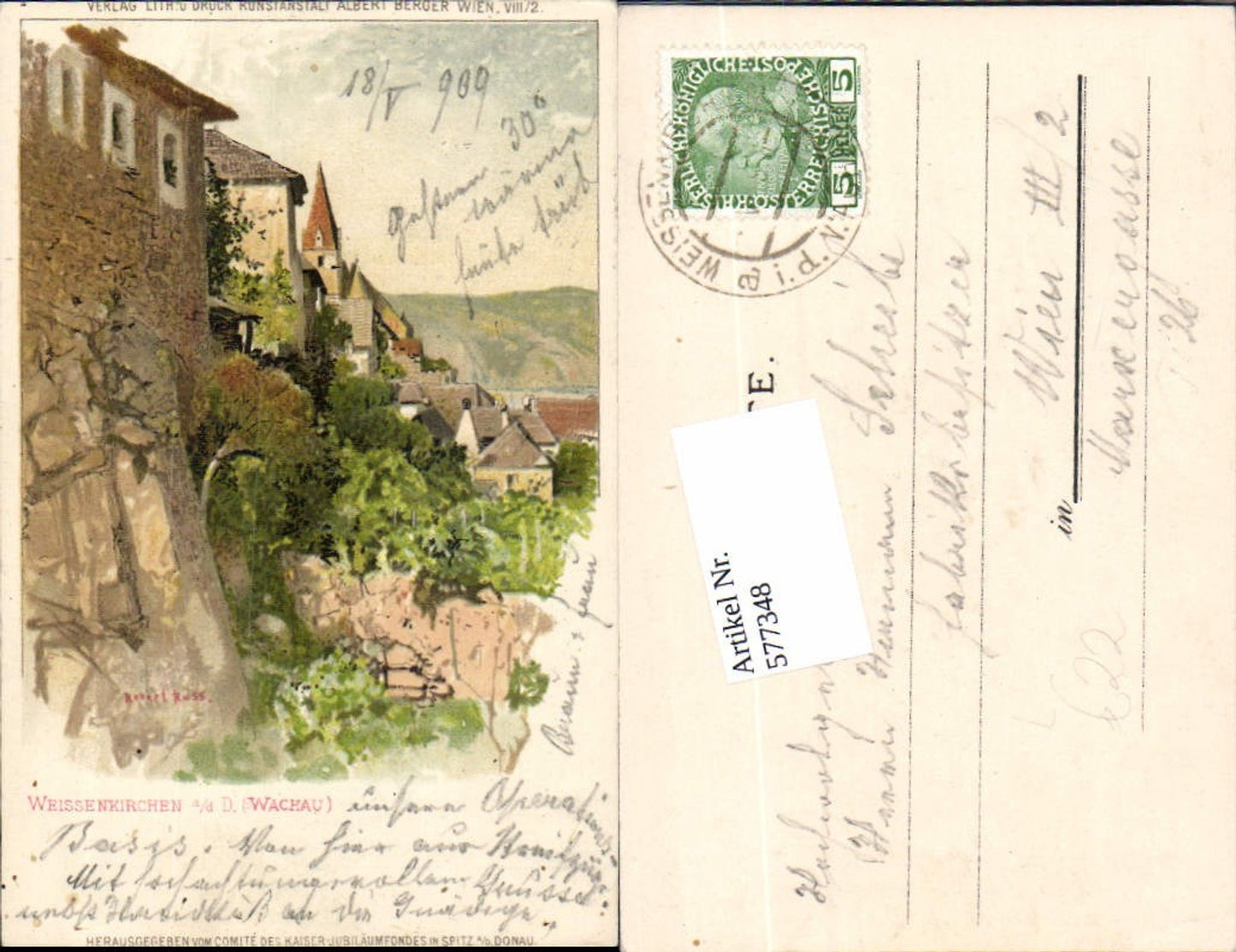 577348,Künstler Lithographie Robert Russ Weissenkirchen in der Wachau 1908