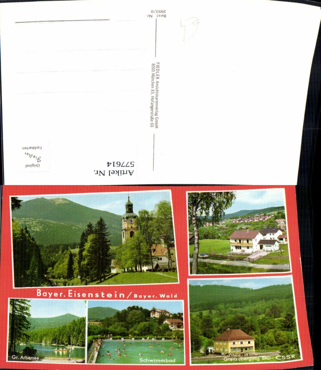 577614, Multi-image postcard Bayerisch Eisenstein Gr. Arbersee swimming pool border