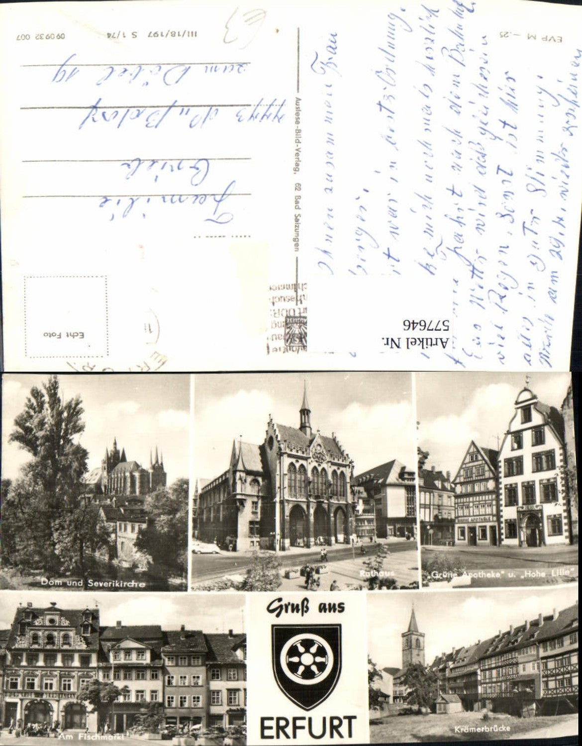 577646,Multi-image postcard Erfurt Cathedral and St. Severus Church Town Hall Merchants' Bridge