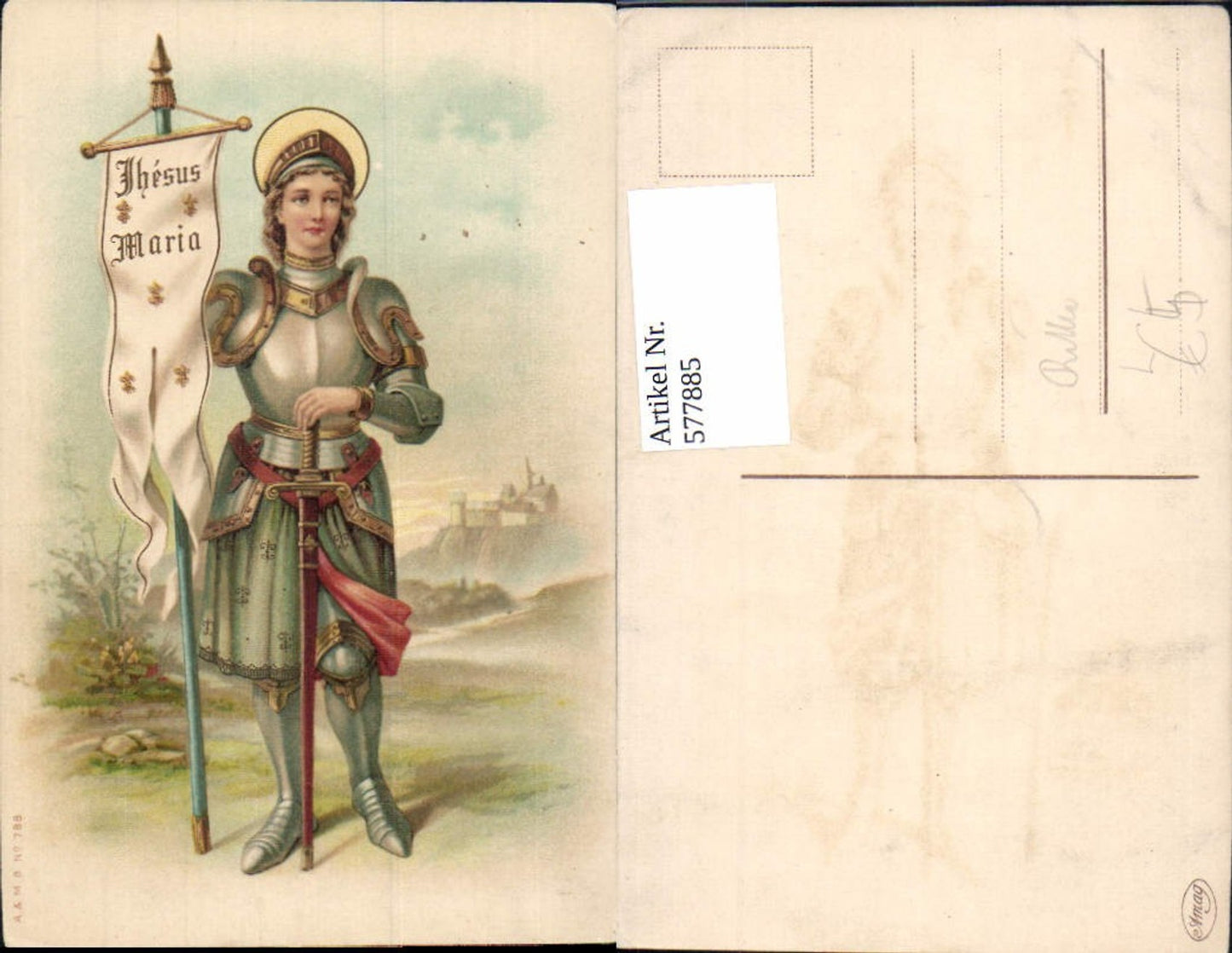 577885,Litho Jhesus Maria Frau Ritter Rüstung Heiligenschein Gonfanon Mittelalter