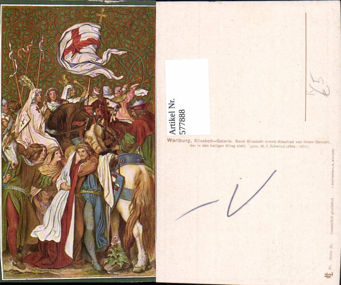 577888, Artist Ak M. v. Schwind Wartburg Elisabeth taking leave of husband Holy War Knight Middle Ages