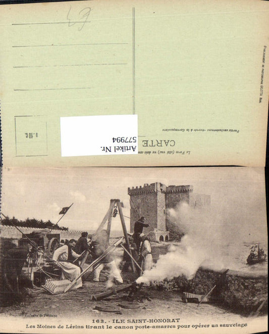 577994,Frühe Neuzeit Ile Saint-Honorat Les Moines de Lerins tirant le canon porte amarres pur operer un sauvetage