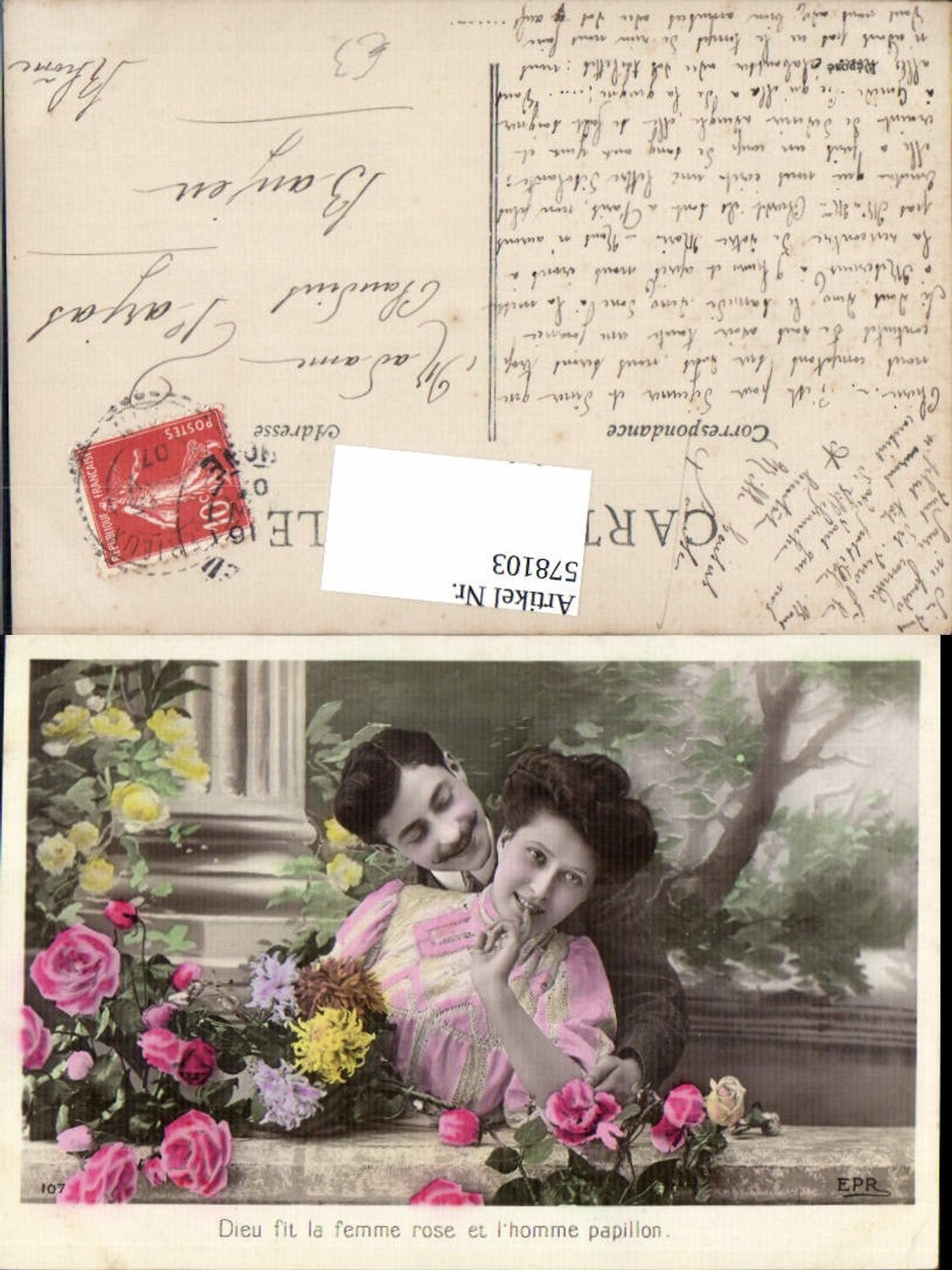 578103,Liebe Paar Dieu fit la femme rose et l homme papillon Blumen France Text