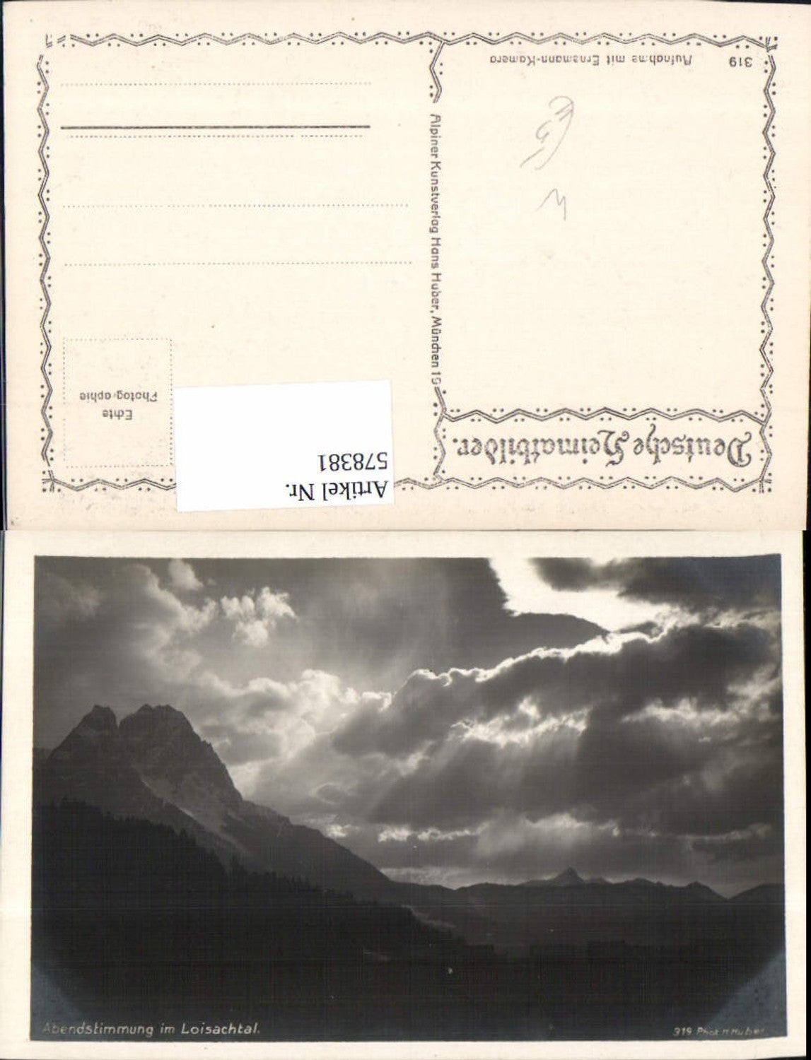 578381,Foto Ak Abendstimmung i. Loisachtal b. Garmisch-Partenkirchen pub H. Huber 319