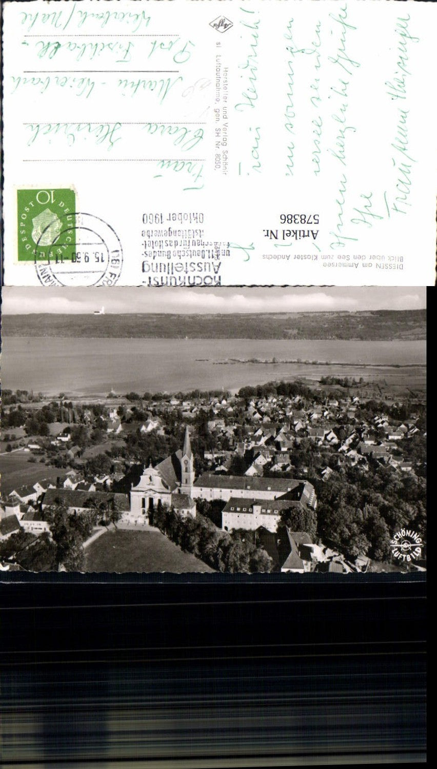 578386, Aerial view of Diessen, Diessen am Ammersee, view across the lake to Andechs Monastery, Schöning pub 8050