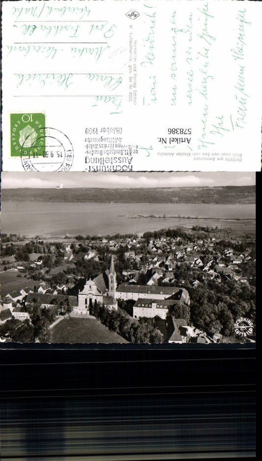 578386, Aerial view of Diessen, Diessen am Ammersee, view across the lake to Andechs Monastery, Schöning pub 8050