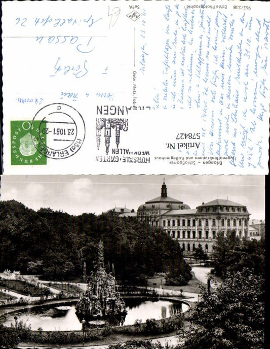 578427,Foto Ak Erlangen Schlossgarten Hugenottenbrunnen u. Kollegienhaus Brunnen