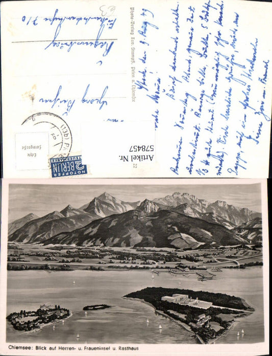 578457,Foto Ak Chiemsee Blick auf Herren- u. Fraueninsel u. Rasthaus