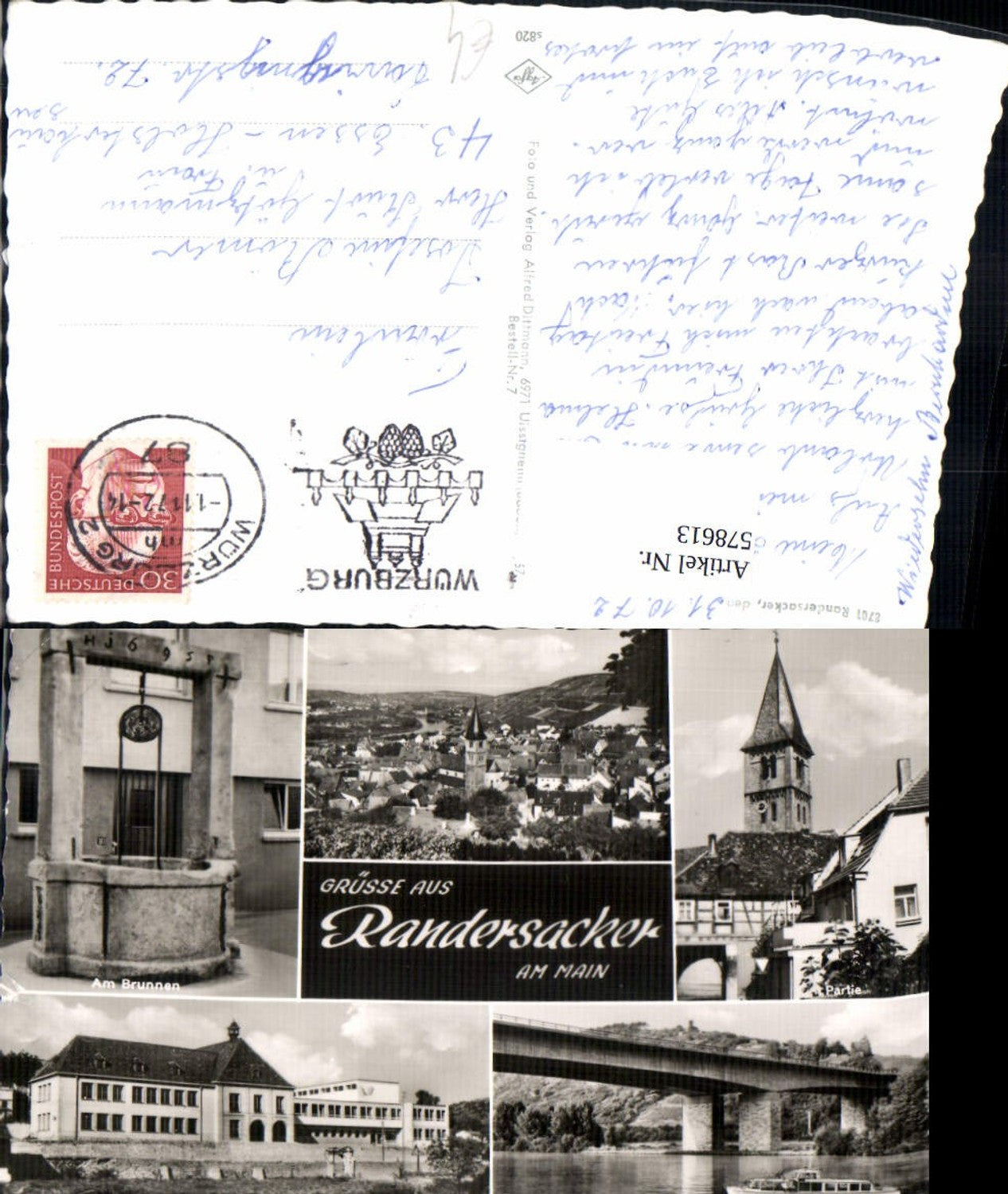 578613, Multi-image Ak Randersacker a. Main Fountain Ship Schoolhouse Bridge