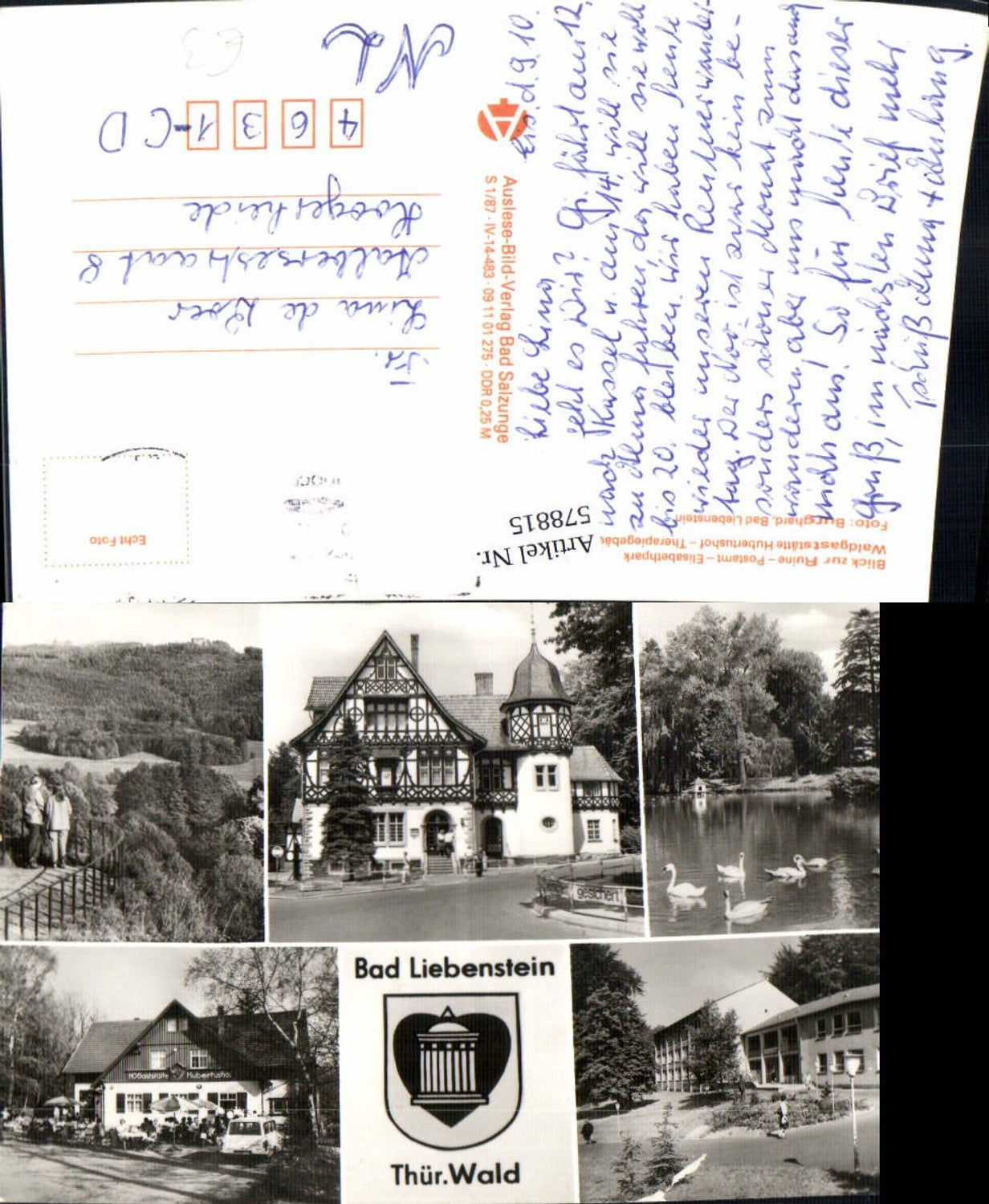 578815, Multi-image postcard Bad Liebenstein view towards the Elisabethpark ruins, Hubertushof forest inn, and the Swan