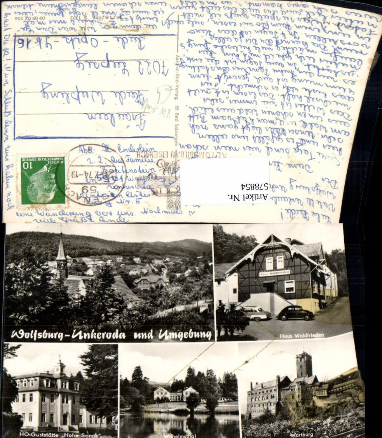 578854, Multi-image postcard Wolfsburg-Unkeroda Gerstungen and surroundings Haus Waldfrieden VW Beetle Wartburg