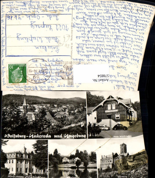 578854, Multi-image postcard Wolfsburg-Unkeroda Gerstungen and surroundings Haus Waldfrieden VW Beetle Wartburg