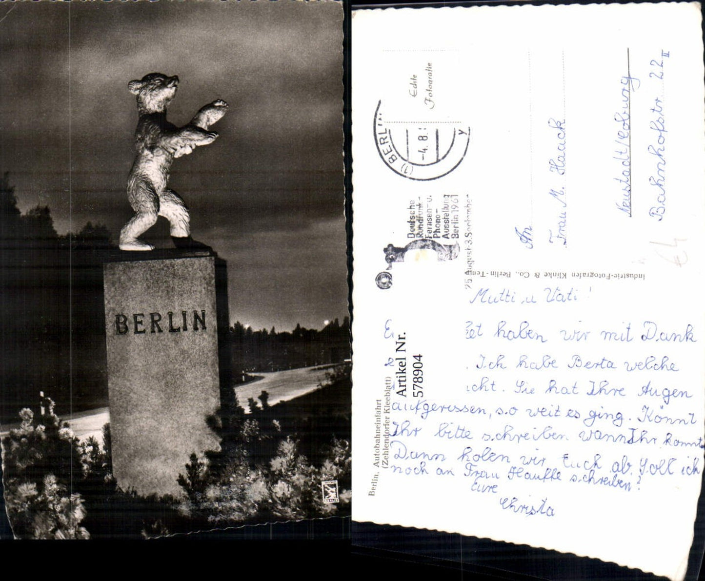 578904,Foto Ak Berlin Autobahneinfahrt Zehlendorfer Kleeblatt Berliner Bär Statue Beleuchtet