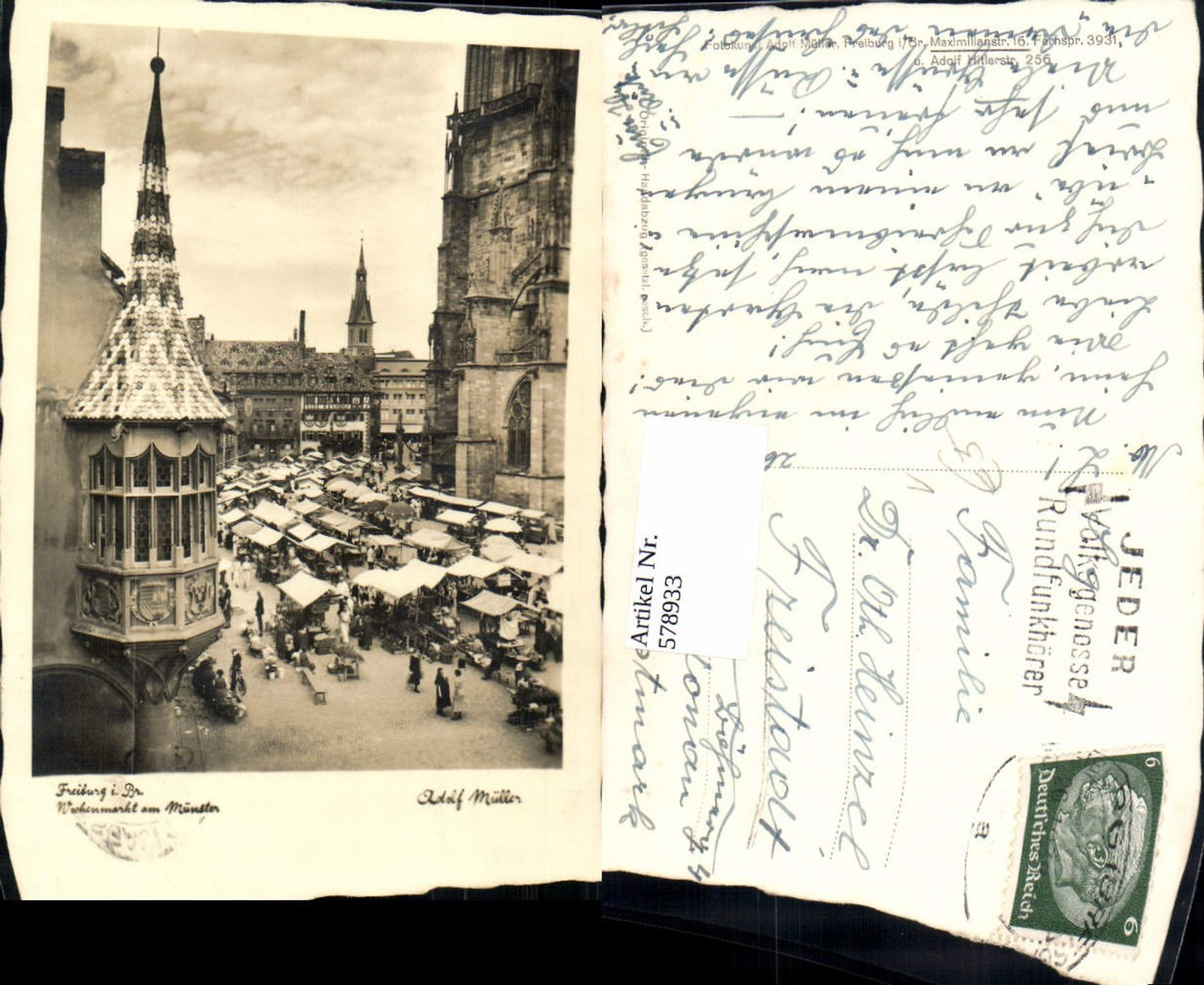 578933,Foto Ak Freiburg i. Breisgau Wochenmarkt a. Münster pub Adolf Müller