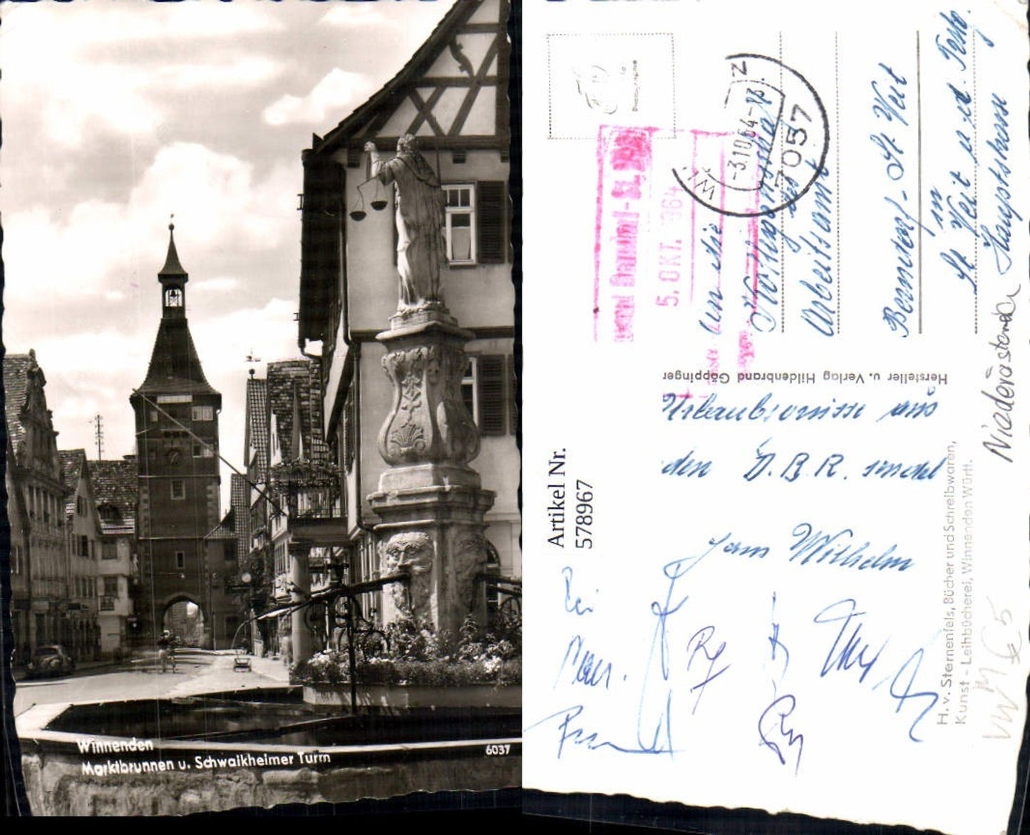 578967,Foto Ak Winnenden Marktbrunnen u. Schwaikheimer Turm VW Käfer