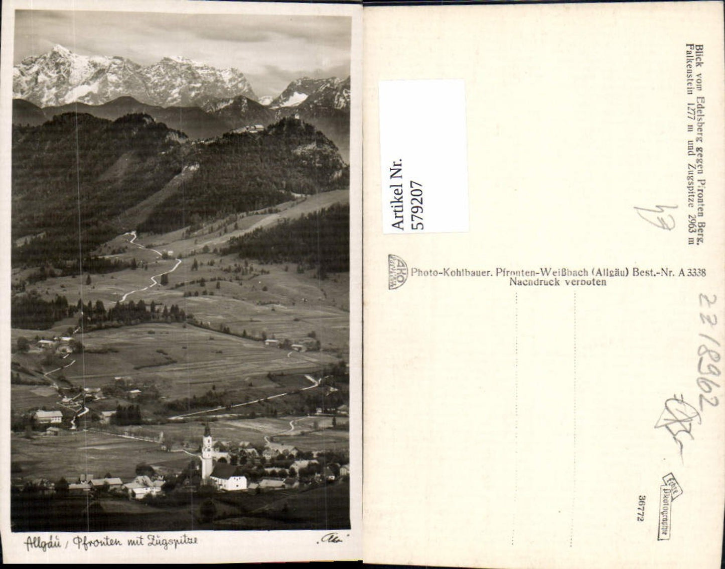 579207, Photo postcard Pfronten Allgäu View from Edelsberg towards Pfronten Mountain Falkenstein and Zugspitze