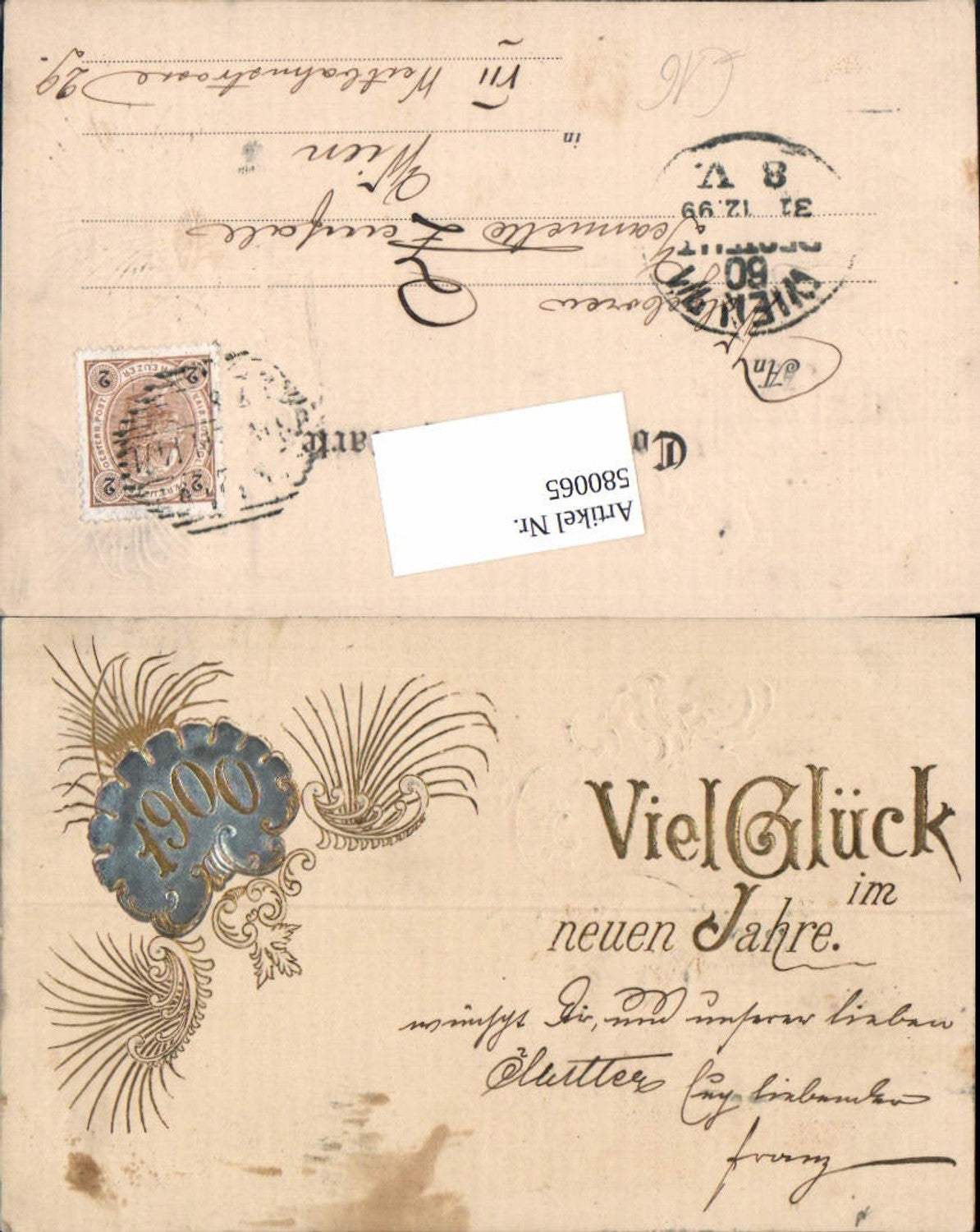 580065,tolle Präge Lithographie Neujahr Jahreszahl 1900 Golddruck Goldverzierung