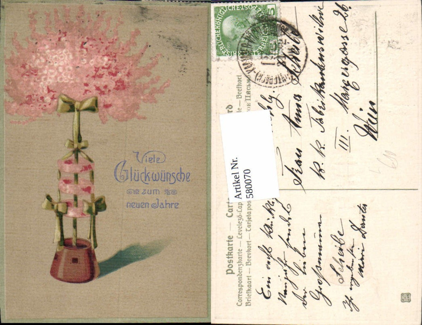 580070,tolle Präge Lithographie Neujahr Blumen Vase