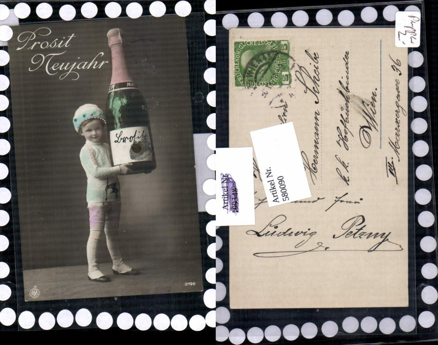 580090,tolle AK Neujahr Junge Sektflasche Sekt Riesen Flasche pub NPG 3196