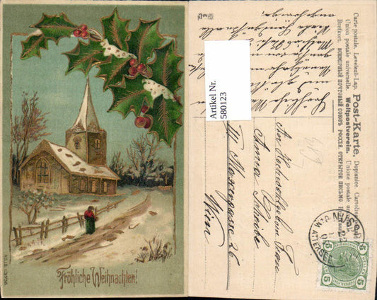 580123,tolle Präge Lithographie Kirche Dorf