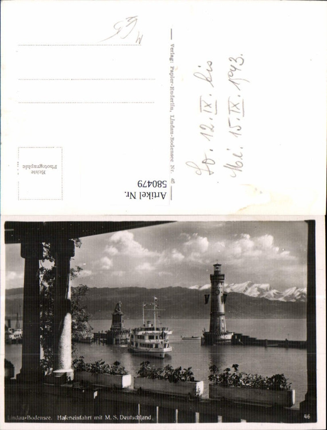 580479,Foto Ak Leuchtturm Lindau Bodensee Hafeneinfahrt m. M.S. Deutschland Schiff Dampfer