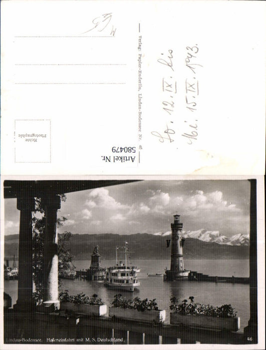 580479,Foto Ak Leuchtturm Lindau Bodensee Hafeneinfahrt m. M.S. Deutschland Schiff Dampfer