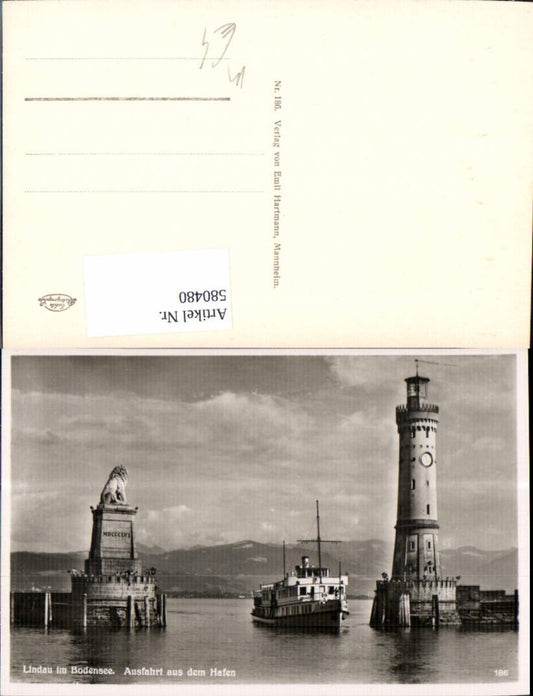 580480,Foto Ak Leuchtturm Lindau Bodensee Ausfahrt a. d. Hafen Löwendenkmal Schiff Dampfer