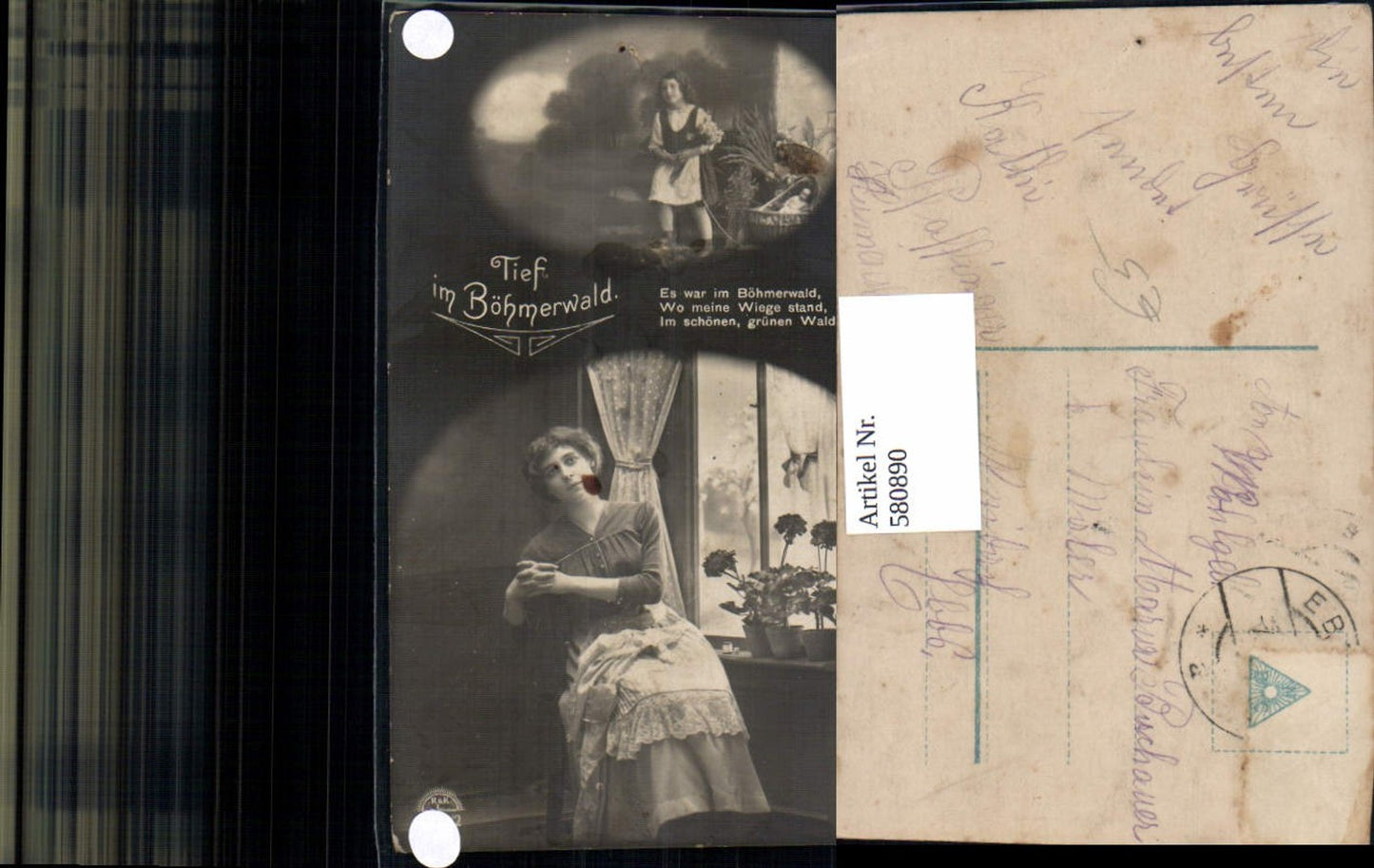 580890,Fotomontage Frau Kind Tief im Böhmerwald Text