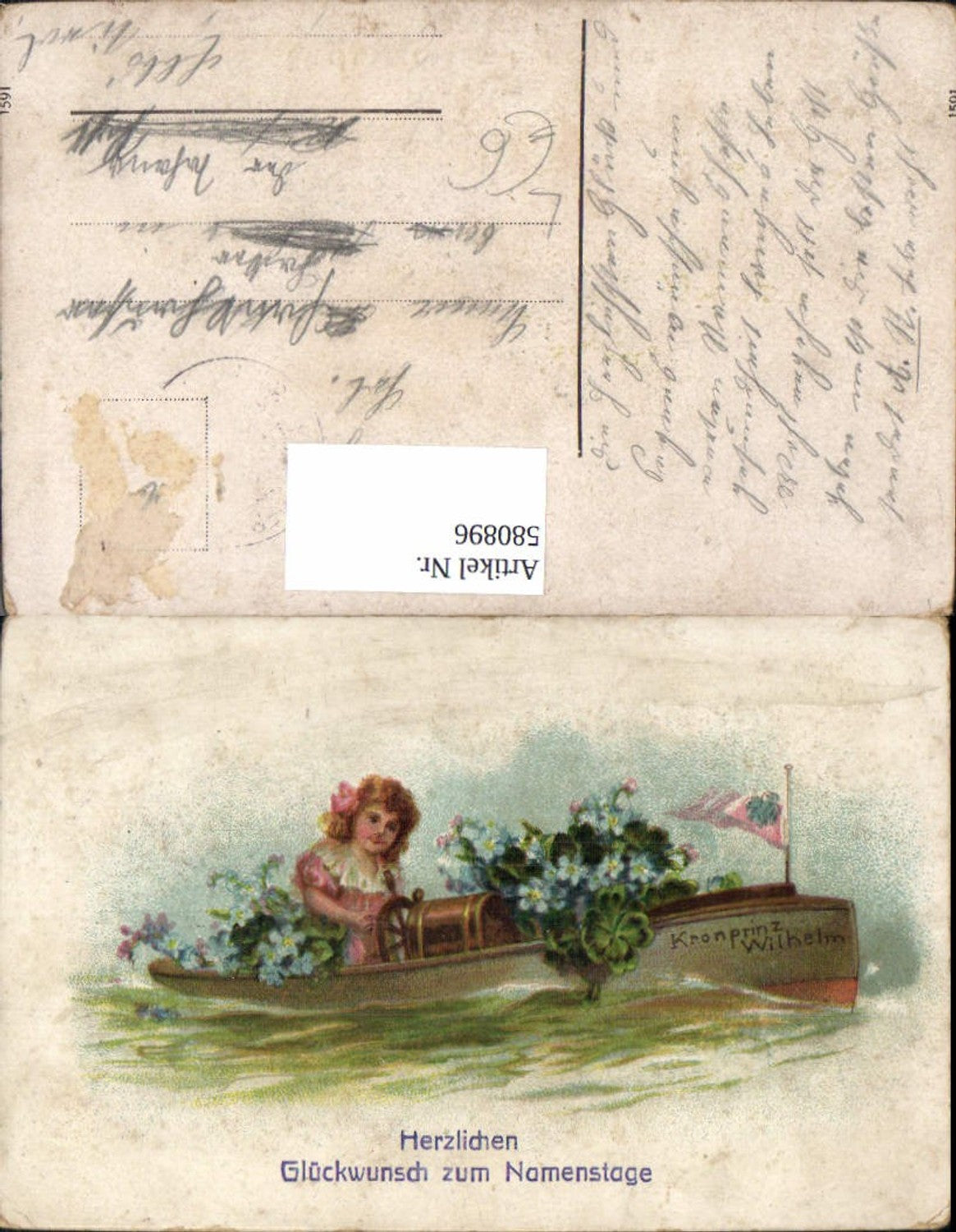580896,Litho Kind Mädchen i. Boot Kronprinz Wilhelm Adel Namenstag