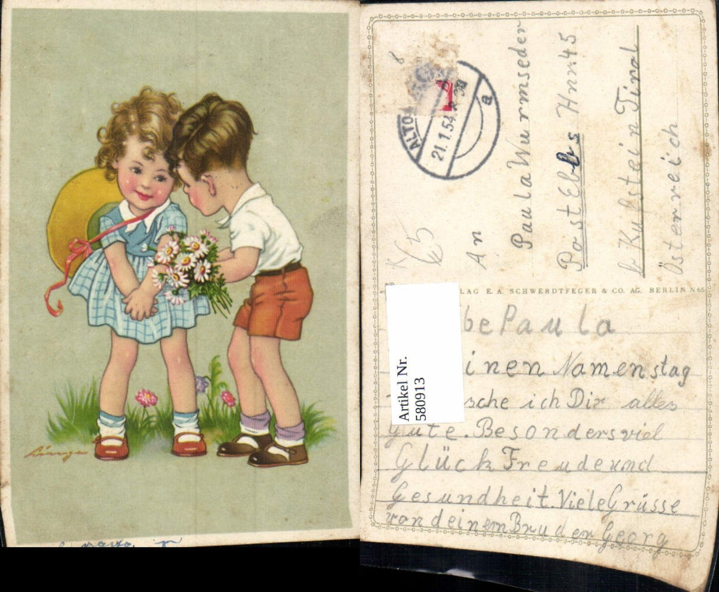 580913,Künstler Ak Kinder Bub Junge Mädchen Hut Blumen Blumenstrauß pub EAS