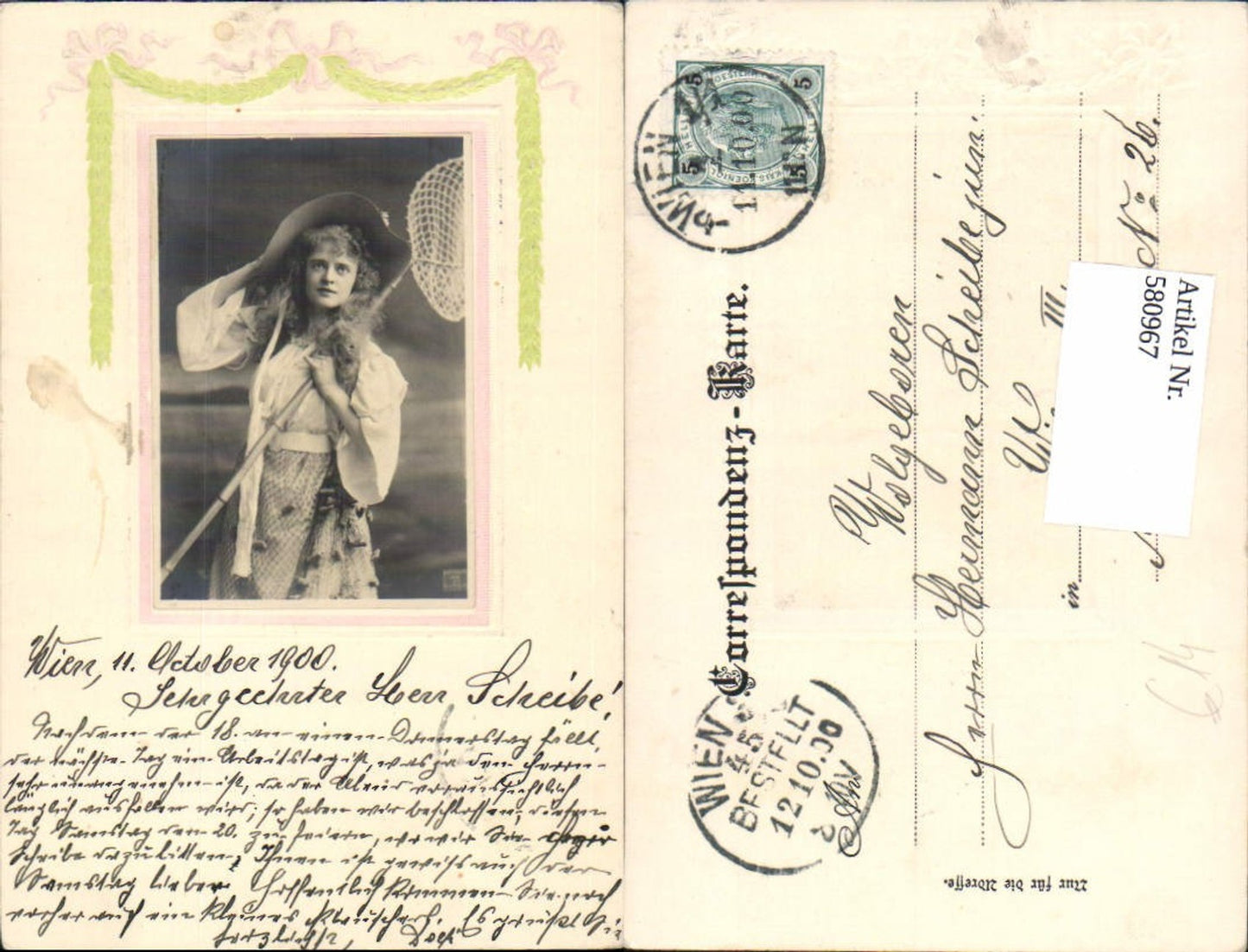 580967,Präge Künstler AK Jugendstil Frau Fischer Netz Hut Hurmode Mode