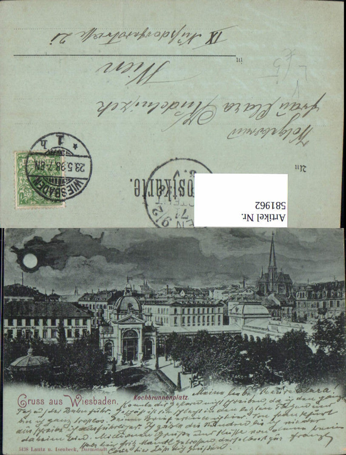 581962,Litho Mondscheinlitho Wiesbaden Kochbrunnenplatz pub Lautz u. Isenbeck 5138