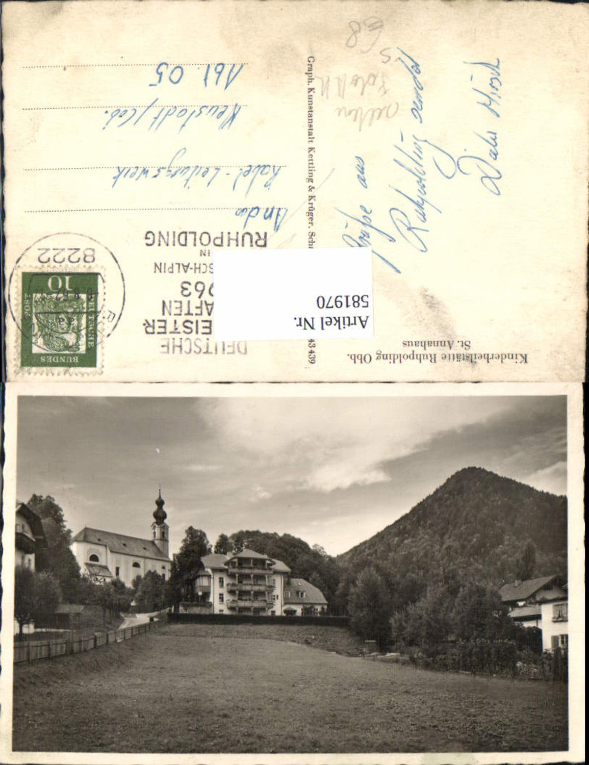 581970, Rare photo postcard Ruhpolding St. Annahaus Church stamp German Ski Championship 1963